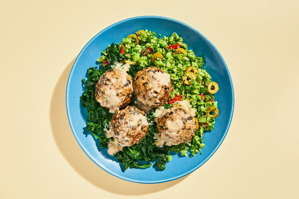 Turkey Meatballs with Tahini Sauce & Riced Broccoli Pilaf