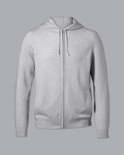 Merino Cashmere Hooded Zip Through Sweater - Silver