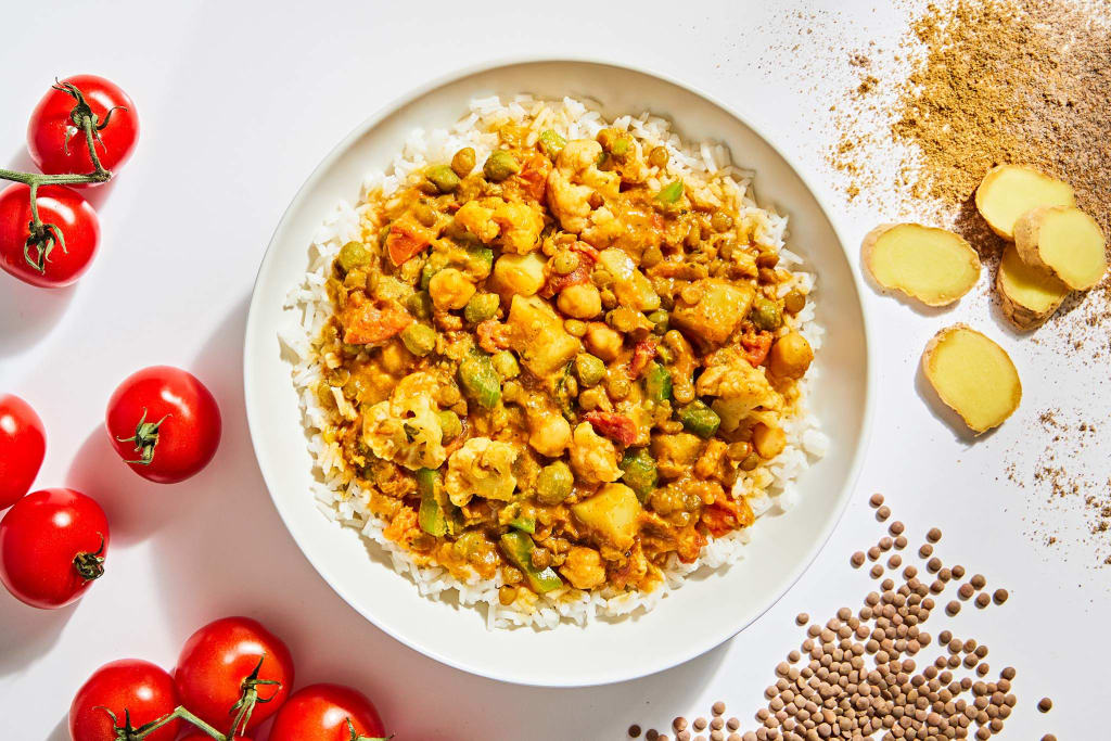 Indian-Spiced Chickpea Curry Bowl with Basmati Rice, Lentils & Veggies