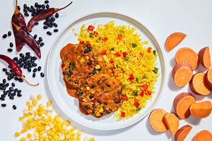 Oven-Baked Sweet Potato Cakes with Mole Sauce & Turmeric Rice