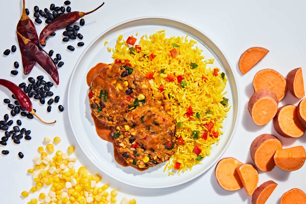 Oven-Baked Sweet Potato Cakes with Mole Sauce & Turmeric Rice