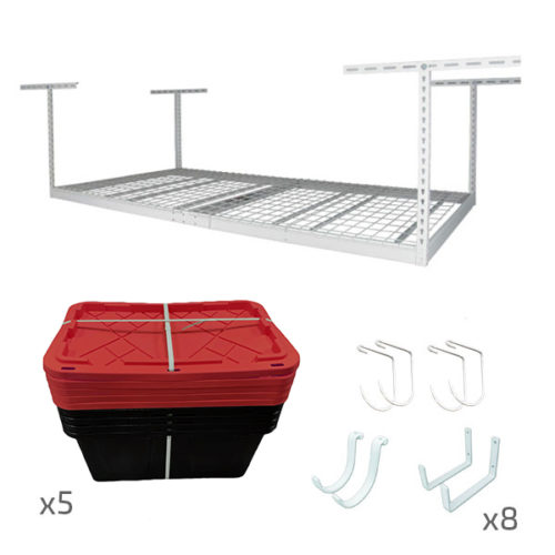 4′ x 8′ Overhead Garage Storage Bundle w/ 5 Bins (Red)