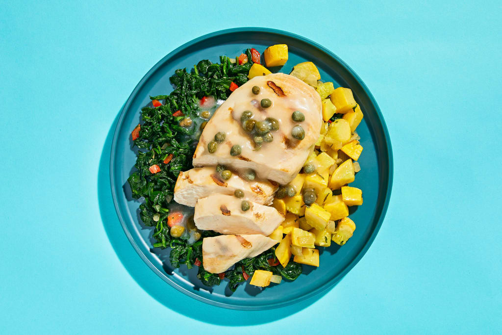 Grilled Chicken Piccata with Garlic-Sautéed Spinach & Yellow Squash