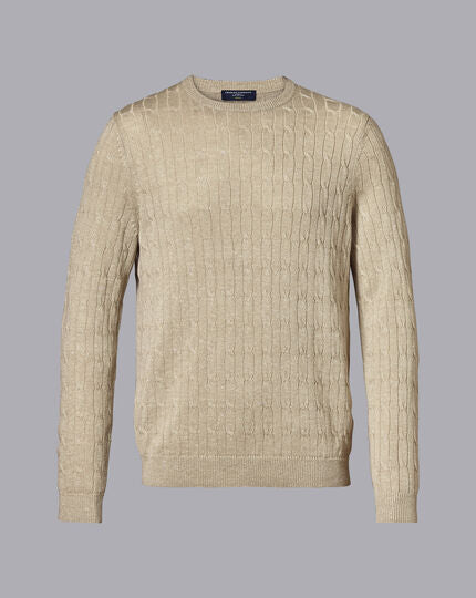 Merino Linen Cable Knit Crew Neck Sweater - Stone