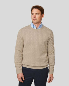 Merino Linen Cable Knit Crew Neck Sweater - Stone