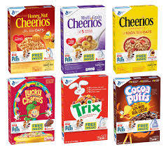 Original Cheerios, Honey Nut Cheerios, Lucky Charms, Cocoa Puffs, Cinnamon Toast Crunch, Trix or Reese's Puffs