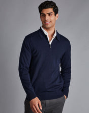 Load image into Gallery viewer, Merino Zip Neck Polo Shirt - Navy
