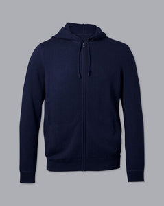 Merino Cashmere Hooded Zip Through Sweater - Navy