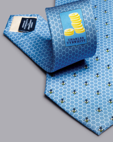 Bees and Honey Print Silk Tie - Cornflower Blue