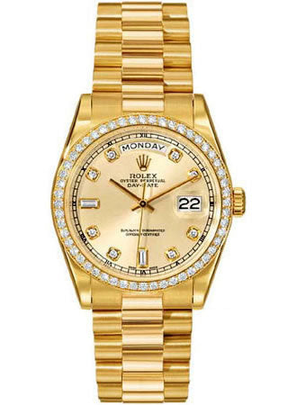 Rolex 118348 Oyster Perpetual Day-Date 8 Round & 2 Baguette Diamonds