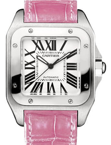 Cartier Ladies W20126X8 Santos 100MM Steel Auto Pink Strap Watch